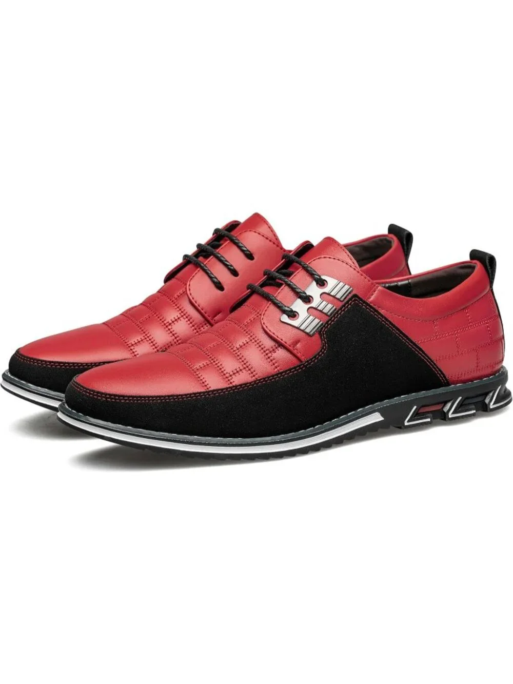 Men's Red Plaid Embossed Grid Leather Comfortable Hybrid Oxford Dress Sneakers